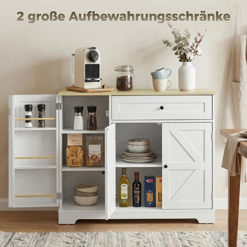 HOMCOM Sideboard, Landhausstil Küchenschrank mit Schiebetüren, 1 Schublade, 2 verstellbaren Einlegeböden, Türregalen