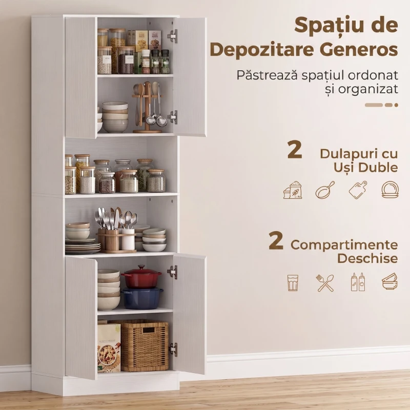 HOMCOM Dulap Cămară de Bucătărie 170cm, cu Raft Reglabil, Alb