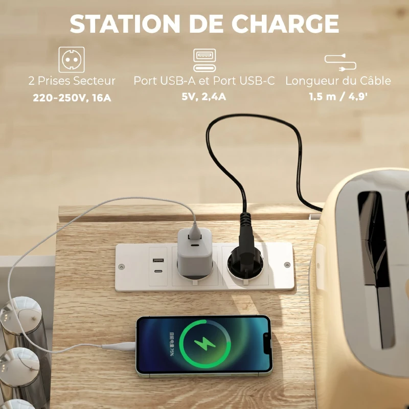 HOMCOM Îlot Central Cuisine avec Plateau Rabattable 2 Prises et 2 Ports USB Desserte de Cuisine sur Roulettes 3 Tiroirs Blanc