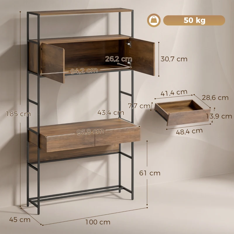 HOMCOM Computertisch mit Regalen und 2 Schubladen für das Home Office, 185 cm hoch, Braun Holzoptik