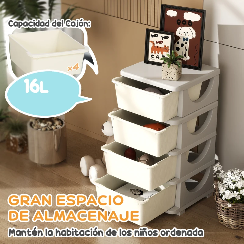 HOMCOM Torre de Almacenamiento Infantil con 4 Cajones para Niños de +3 Años con Bordes Redondeados y Asas 37x37x76 cm Crema