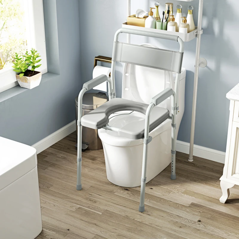 HOMCOM Chaise percée toilette pliable antidérapante hauteur réglable, siège et accoudoirs rembourrés, charge 150 kg, Gris