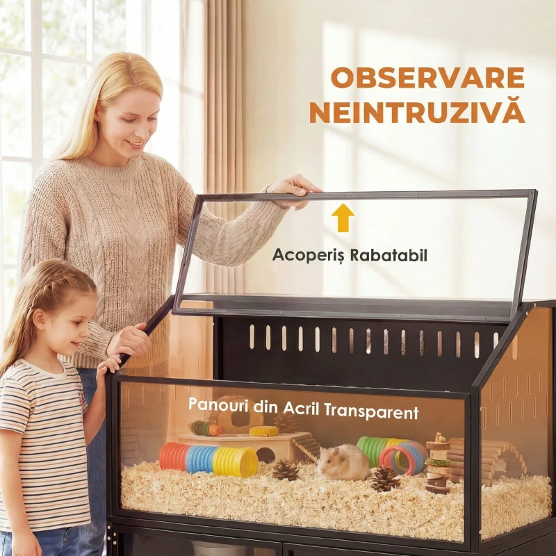 PawHut Cușcă Hamster 2-în-1 cu Dulap de Depozitare pentru Rozătoare Hamster Sirian și Șoareci Oțel și Acrilic Negru