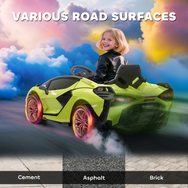 HOMCOM Lamborghini Sian Licensed Electric Car for Kids, 12V Kids Electric Ride on Car with Dual Motors, Remote Control, Green