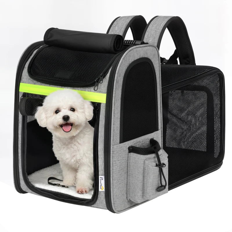 PawHut Hundebox erweiterbar Transportbox Hund mit 5 Taschen reflektierendem Streifen für Hunde bis 10 kg 33,5x28x42cm Hellgrau