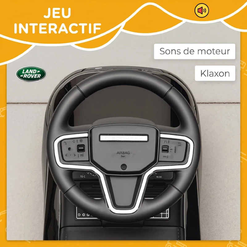 AIYAPLAY Porteur enfants voiture sous licence Land Rover, véhicule à pousser, klaxon, sons de moteur, rangement sous siège, noir