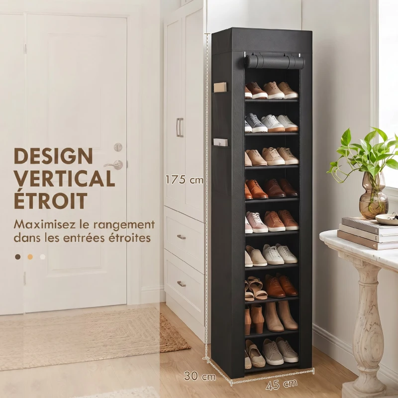 HOMCOM Étagère à Chaussures 20 Paires 10 Niveaux, Range-Chaussures en Métal avec Housse Anti-Poussière, Noir