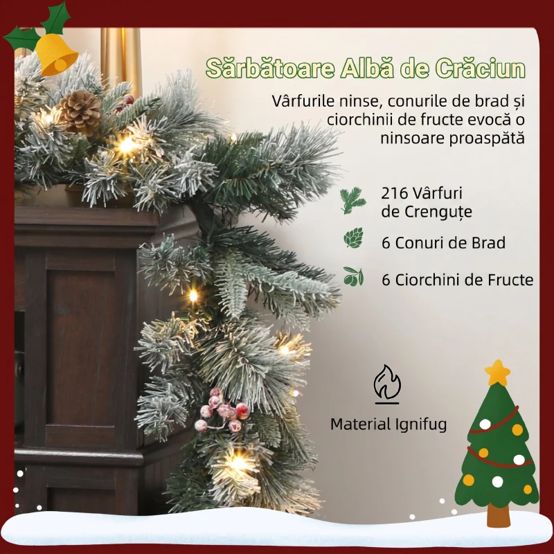 HOMCOM Ghirlandă de Crăciun Ø25x180 cm cu 50 lumini LED, fructe de pădure și conuri, din plastic și metal, verde și alb