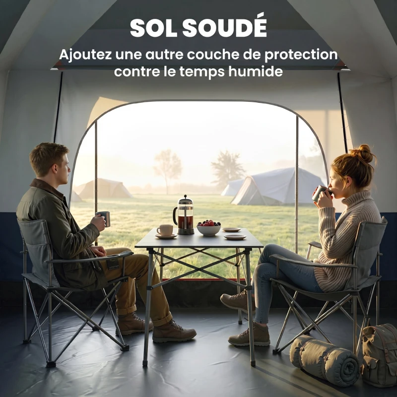 Outsunny Tente de camping familiale 4 personnes, tente tunnel, portes + fenêtres, 4,3 x 3 x 1,95 m, gris foncé