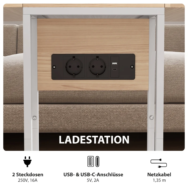 HOMCOM Opvouwbare Bijzettafel met Oplaadstation, USB-poorten, Metaal, 39 x 29 x 57 cm, Houtkleur