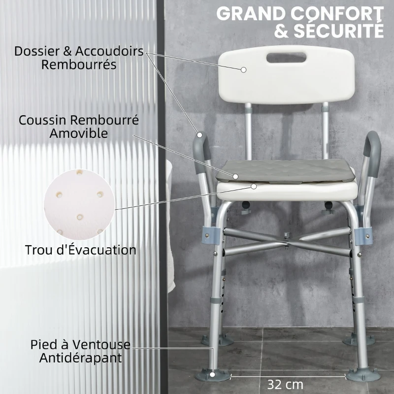 HOMCOM Tabouret de Douche Réglable en Hauteur à 5 Niveaux, Chaise de Douche, Accoudoirs Rembourrés et Coussin Amovible, Gris