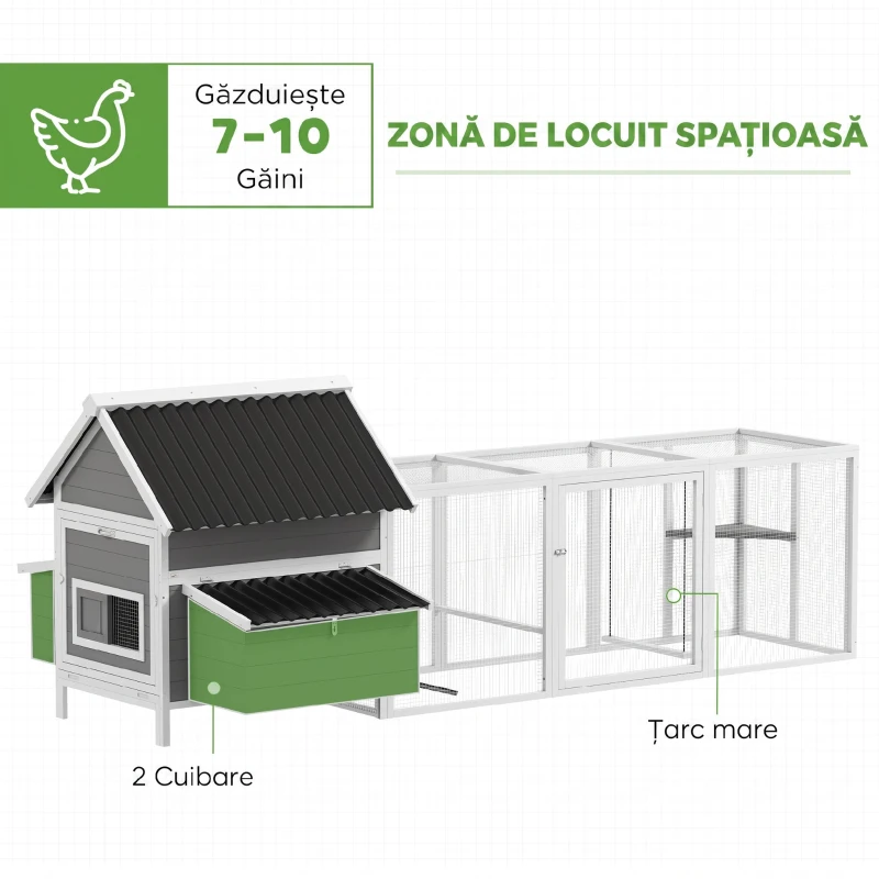 PawHut Coteț mare pentru 7-10 găini, bățuri de cocoțat, leagăn, fereastră, cuiburi, plasă metalică, gri