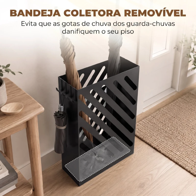 HOMCOM Suporte para Guarda-Chuvas em Aço Galvanizado, Estreito, com Tabuleiro Recolhe-Gotas Amovível, 4 Ganchos, 28x14x41 cm, Preto