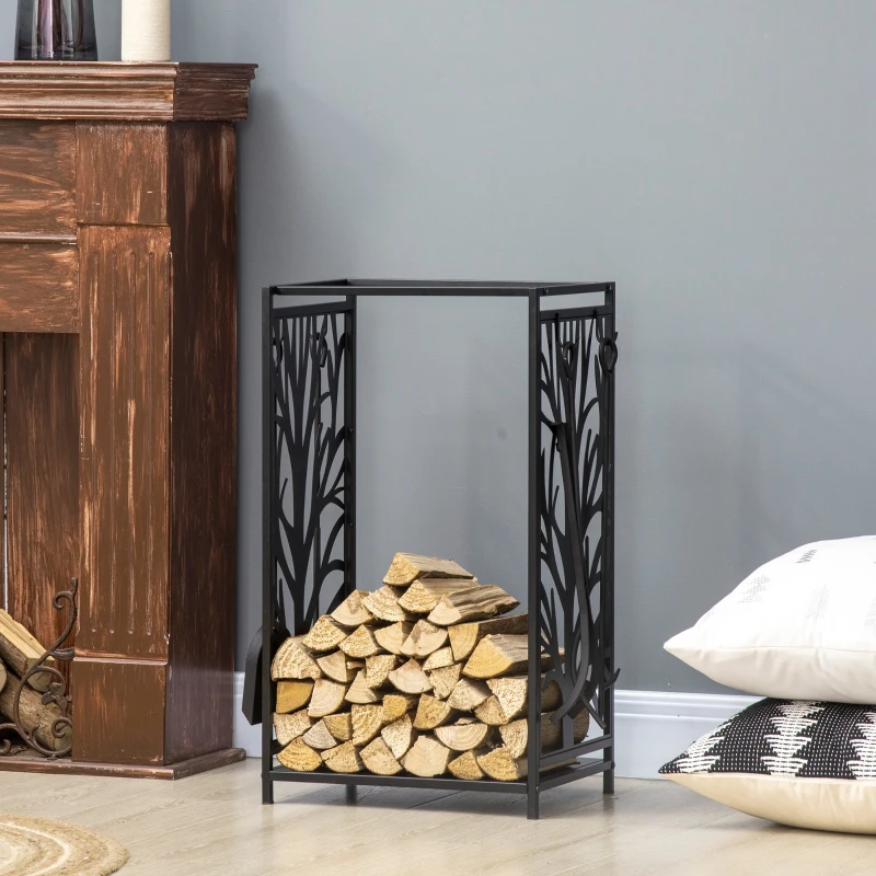 HOMCOM Estante para Leña Estantería de Almacenamiento para Chimenea 46x30x70 cm Soporte para Leña con 4 Herramientas Negro