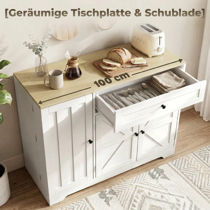 HOMCOM Sideboard, Landhausstil Küchenschrank mit Schiebetüren, 1 Schublade, 2 verstellbaren Einlegeböden, Türregalen