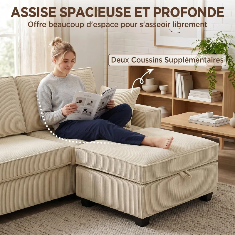 HOMCOM Canapé 3 Places avec Pouf de Rangement, Canapé d'Angle en Velours Côtelé, Assise Large, 2 Coussins, Beige