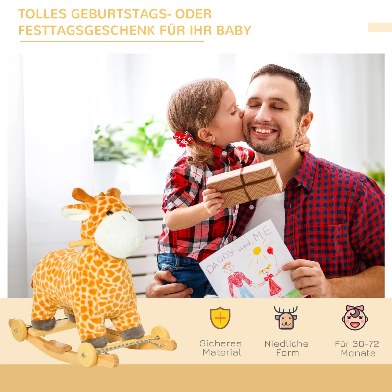 HOMCOM 2-IN-1 schommelpaard met wielen pluche schimmeldier babyschommel speelgoed voor 36-72 maanden kinderen tinten PP vezels geel 63 x 38 x 63 cm