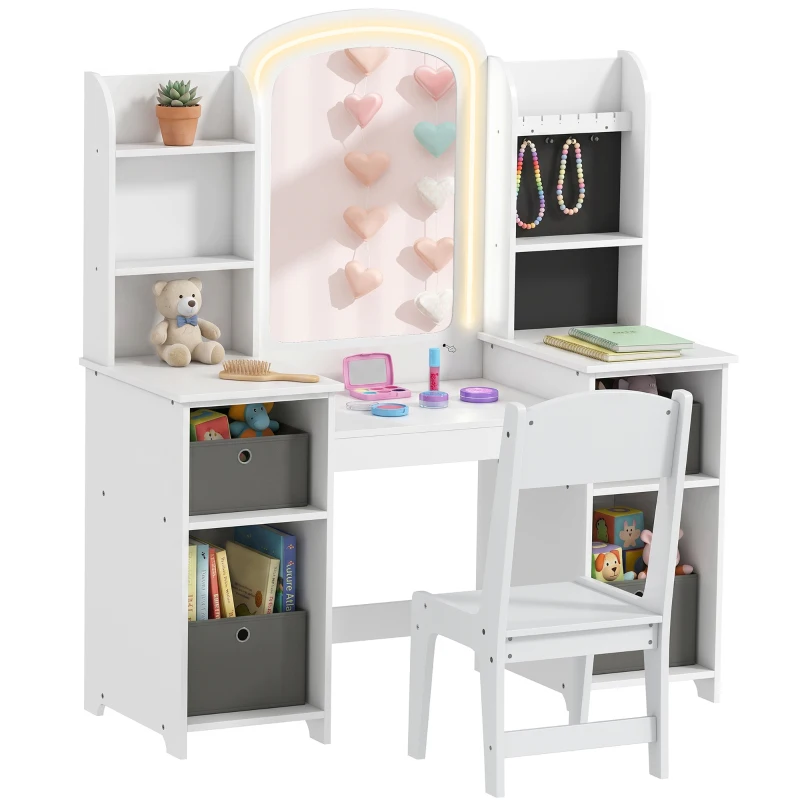 AIYAPLAY Coiffeuse pour enfants avec tabouret et miroir LED, table de maquillage pour 3 à 8 ans, 104 x 40 x 112 cm, blanc