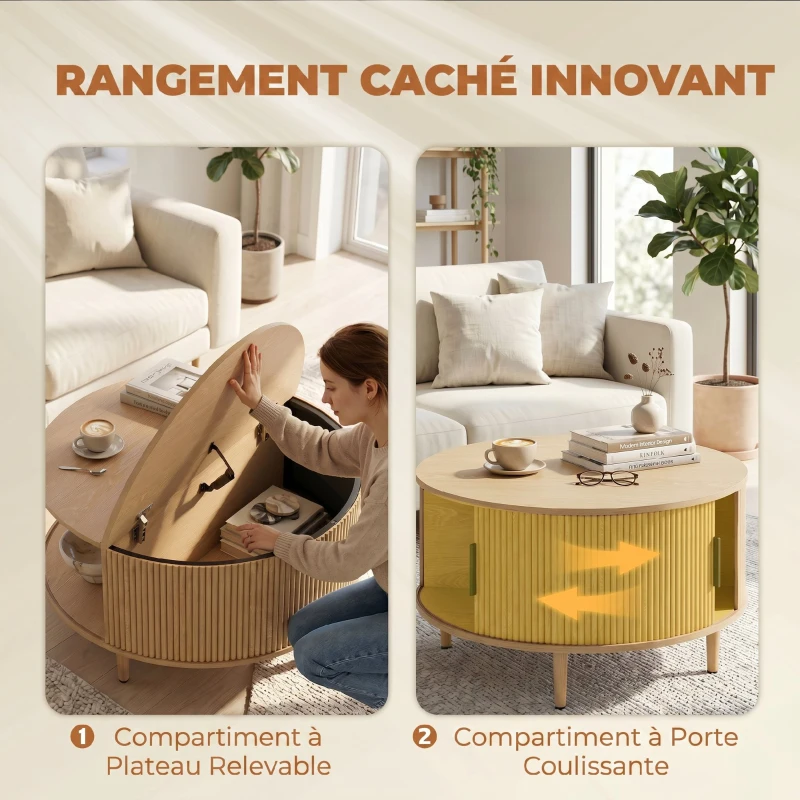 HOMCOM Table Basse Ronde 80 cm avec Plateau Relevable et Rangement Caché, Porte Coulissante à Rainures, Bois Naturel