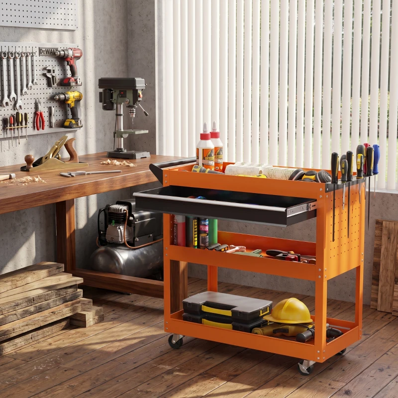 DURHAND Carrello Porta Attrezzi con Manico Laterale, Cassetto e 3 Ripiani in Acciaio, 82x35x76 cm, Arancione