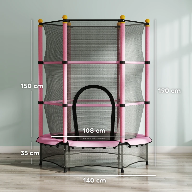 HOMCOM Trambulină elastică pentru copii cu plasă de siguranță și stâlpi căptușiți, vârsta 3-10 ani, Ø140 x 190 cm, roz