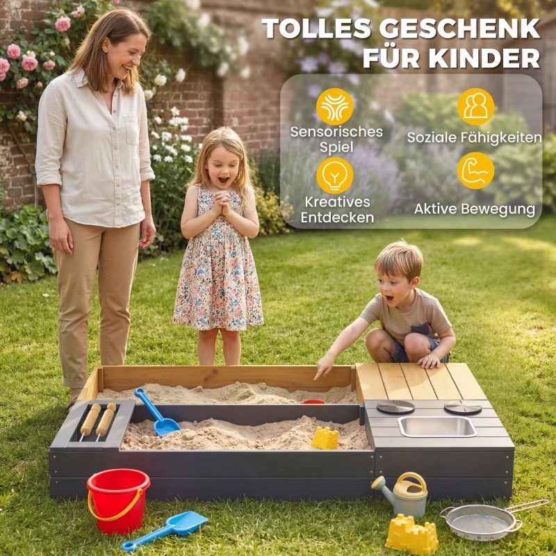 AIYAPLAY Sandkasten 2-teilig 150x90cm Holz Sandkiste mit Sitzbank Stauraum Herd herausnehmbarem Waschbecken Abakusperlen Gelb