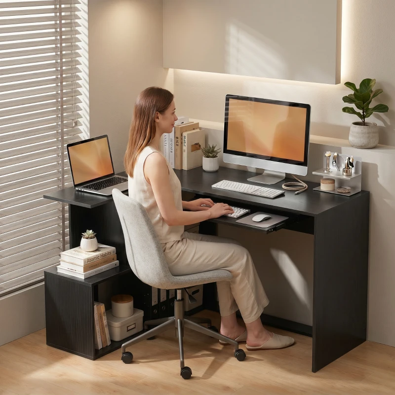 HOMCOM Bureau d'Angle, 120 x 100 x 76 cm, Bureau Informatique en L avec Plateau de Clavier, 4 Compartiments Ouverts, Noir