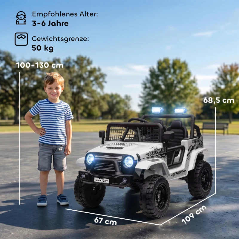 AIYAPLAY Kinder-Elektroauto mit sanfter Federung, fernsteuerbar, LED-Lichter, Hupe, 12V-Motoren, aus Kunststoff und Metall, Weiß(m-3)