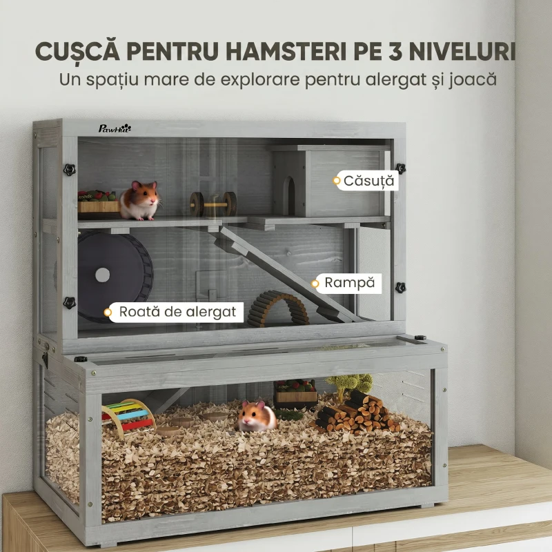 PawHut Cușcă pentru Hamster din Lemn, 3 Niveluri cu Căsuță, Roată, Rampe, Panou Transparent, Spații Separate, 80x50x84cm, Gri