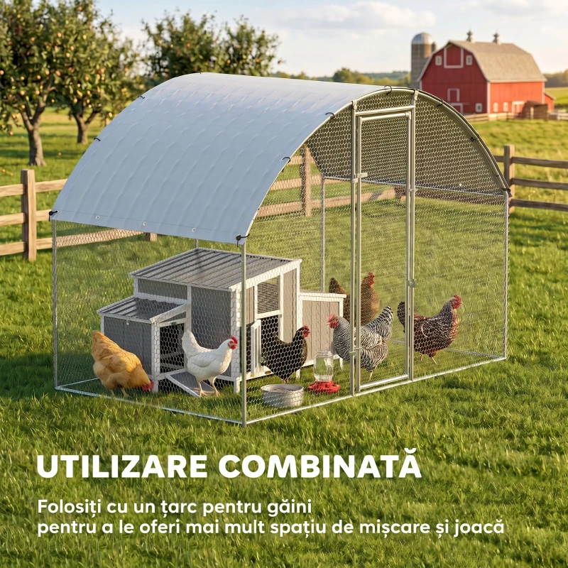 PawHut Cotet din lemn pentru găini cu ușă încuiabilă, cuib, acoperiș PET impermeabil pentru 3-4 găini, 145x90x92 cm, Gri