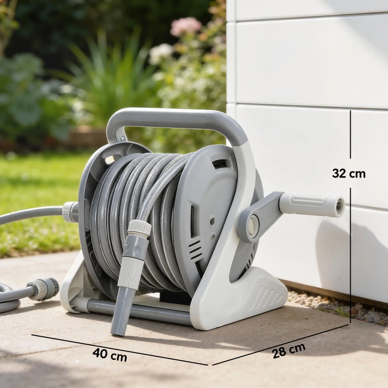 Outsunny Portable Garden Hose Reel, 20+2 m Wall Mounted Hose Reel with 2 Patterns Spray Nozzle and Crank Handle, Grey