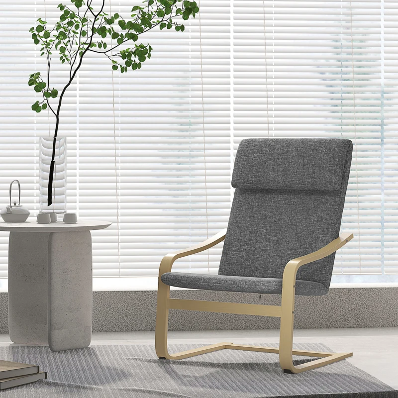 HOMCOM Fauteuil in linnenlook met hoofdsteun en armleuningen, houten frame, grijs+naturel