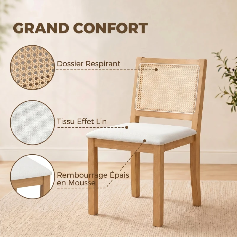 HOMCOM Lot de 2 chaises de salle à manger, chaises de cuisine avec assise rembourrée, dossier effet rotin, crème et chêne