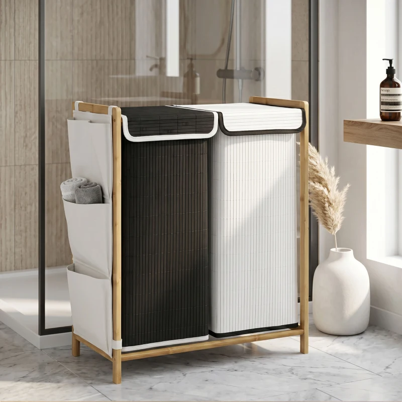 HOMCOM Cesto Portabiancheria 2 Scomparti 120L con Coperchi, Tasche Laterali, Sacchi Estraibili per Camera da Letto