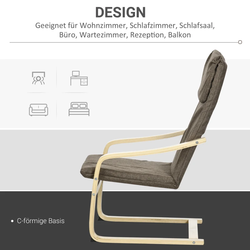HOMCOM Fauteuil in linnenlook met hoofdsteun en armleuningen, houten frame, bruin+ naturel
