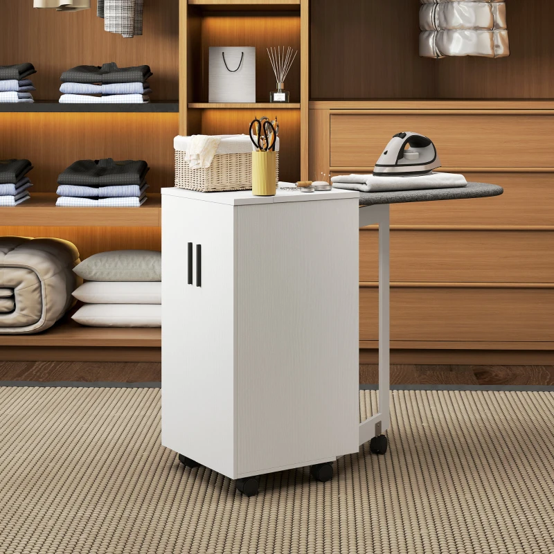 HOMCOM Mobilier pentru Masa de Călcat Pliabil cu Roți, Raft Reglabil și Închidere Soft Close, din Lemn și Material Textil, 128x43x83 cm, Alb