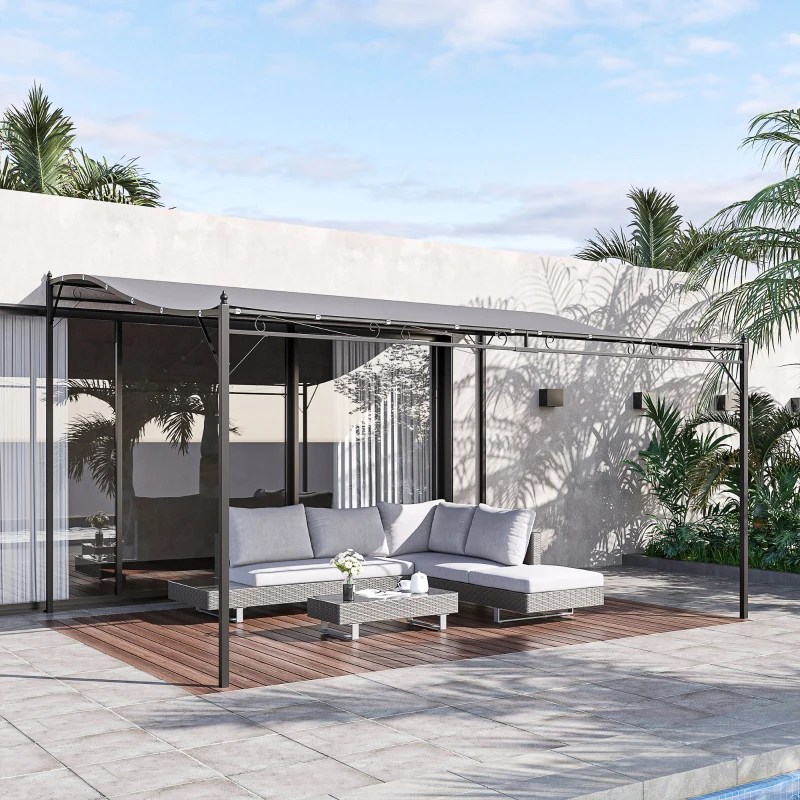 Outsunny  Cenador de Jardín 4x3 m Pérgola Montado en Pared con Toldo y 16 Orificios de Drenaje Marco de Metal y Poliéster 180 g/m² para Patio Terraza Gris