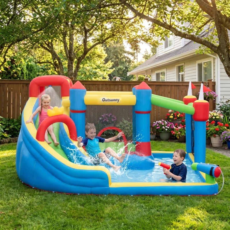 Outsunny Château gonflable aire de jeux avec toboggan trampoline piscines + 3-8 ans 390 x 300 x 197 cm - multicolore