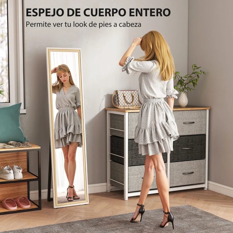 HOMCOM Espejo de Cuerpo Entero 157x37 cm con Marco Bicolor Espejo de Pie Inclinado o Colgante Blanco y Natural