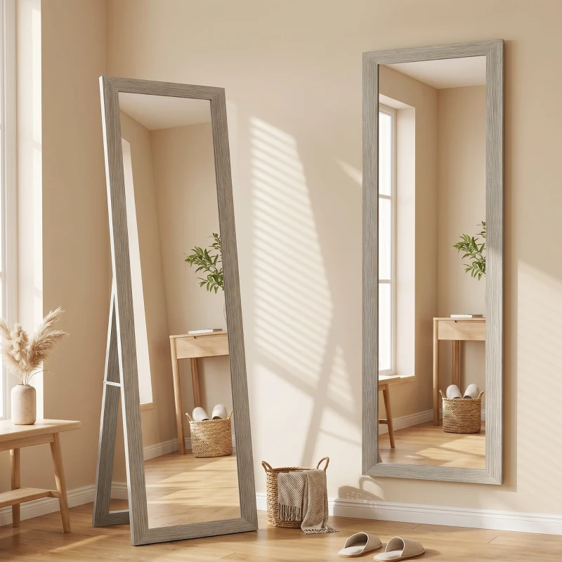 HOMCOM Oglindă modernă de podea, în mărime completă, cu ramă și suport, din lemn și sticlă, 37x40x155 cm, gri
