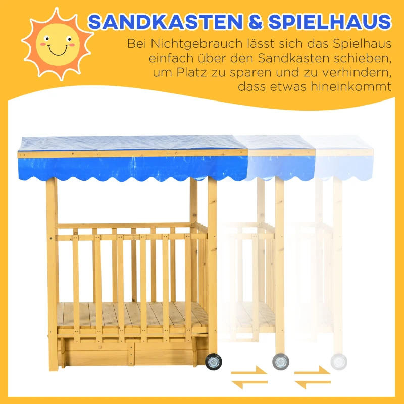 Outsunny Zandbak met Speelhuis en Dak, 133 x 129 x 137,5 cm, Natuur + Blauw