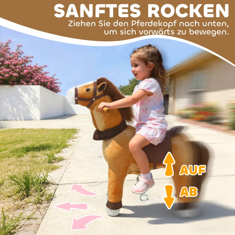 AIYAPLAY Reitpferd für Kinder, Stoffbezug, stabiler Rahmen, sanfte Räder, Schaukelpferd, 3-5 Jahre, Dunkelbraun
