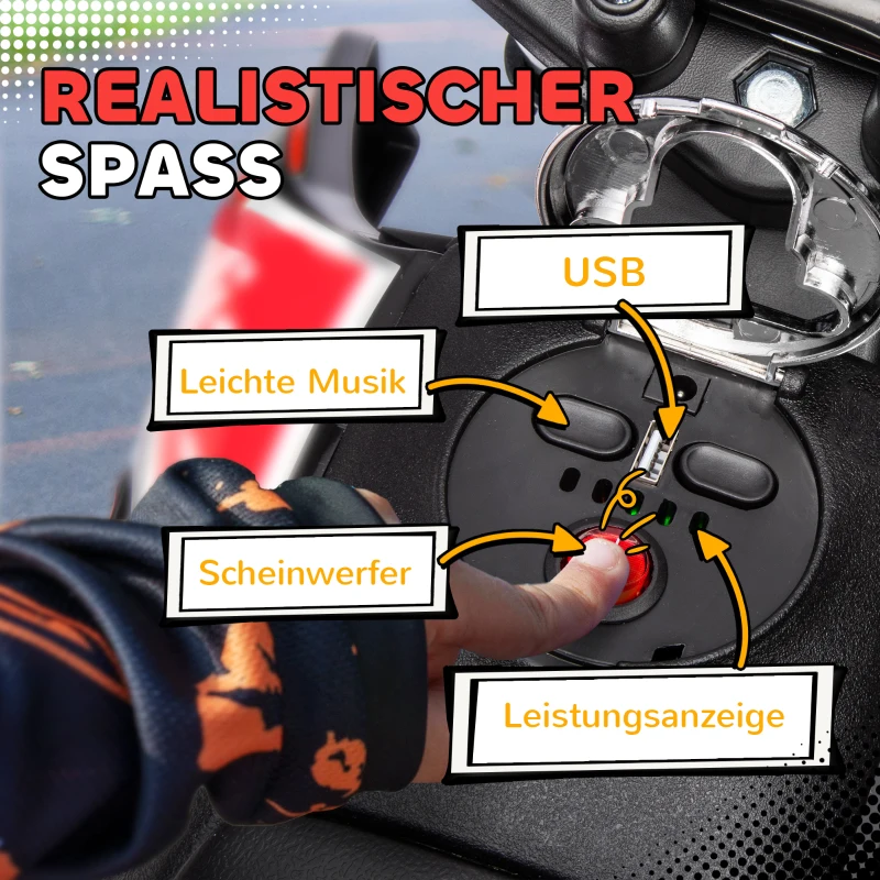 AIYAPLAY 12V kinder-motorfiets met steunwielen, LED-lichten, muziek, USB, elektrische motorfiets voor jongens en meisjes, wit