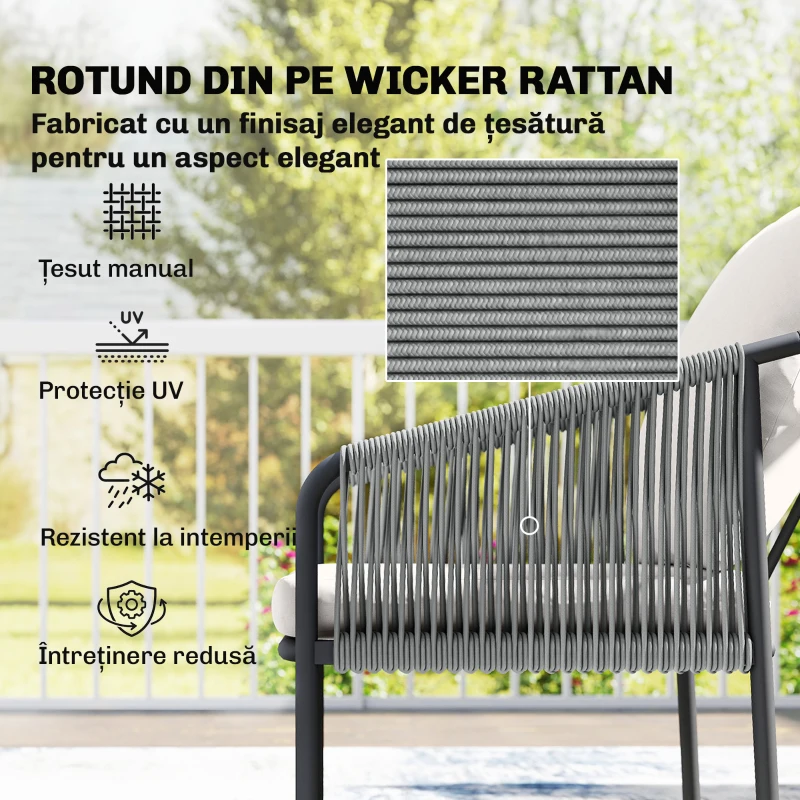 Outsunny Set Grădină Ratan 4 Piese, Canapea 2 Locuri, 2 Fotolii, Măsuță Metal, Cadru Oțel, Bej Gri Deschis