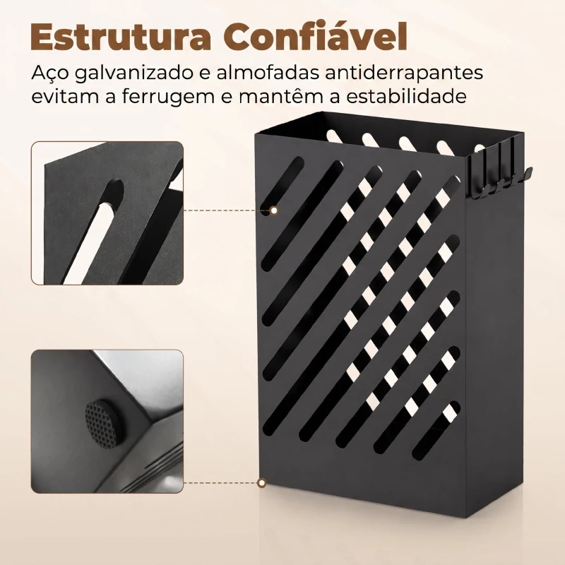 HOMCOM Suporte para Guarda-Chuvas em Aço Galvanizado, Estreito, com Tabuleiro Recolhe-Gotas Amovível, 4 Ganchos, 28x14x41 cm, Preto