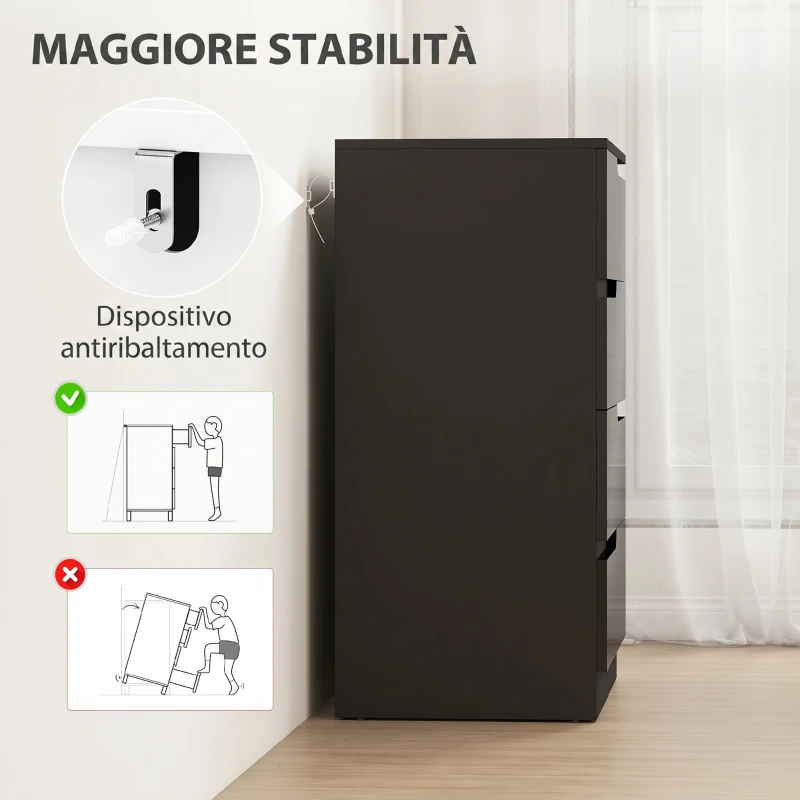 HOMCOM Cassettiera 4 Cassetti Moderna e Minimal in Legno, 60x40x85 cm, Nero Lucido