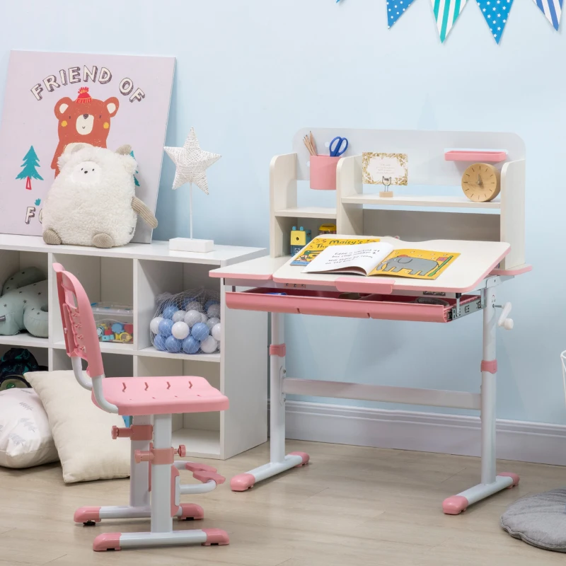 HOMCOM Escritorio y Silla para +3 Años con Altura Ajustable y Mesa Inclinable 80x52x88-109 cm y 35,5x44,5x66-80 cm Rosa