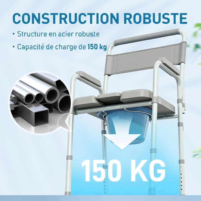 HOMCOM Chaise percée toilette pliable antidérapante hauteur réglable, siège et accoudoirs rembourrés, charge 150 kg, Gris
