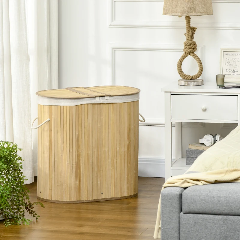 HOMCOM Cesto para Ropa Sucia de Bambú 100L 2 Compartimentos Bolsa Interior Extraíble y Lavable 62,5x37x60,5 cm Natural