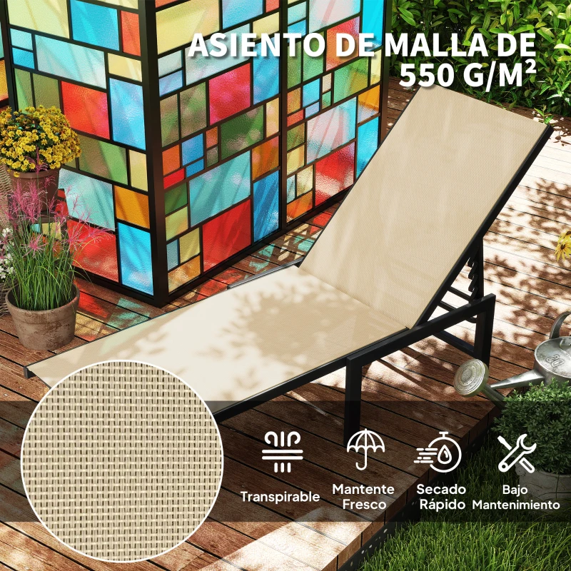 Outsunny Tumbona Reclinable de Jardín Exterior con Respaldo Ajustable en 4 Posiciones y Marco de Acero 166x60x84 cm Caqui
